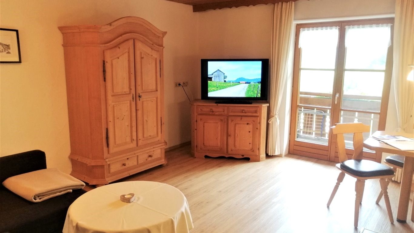 Der Wohnraum mit TV in der Ferienwohnung Mädelegabel